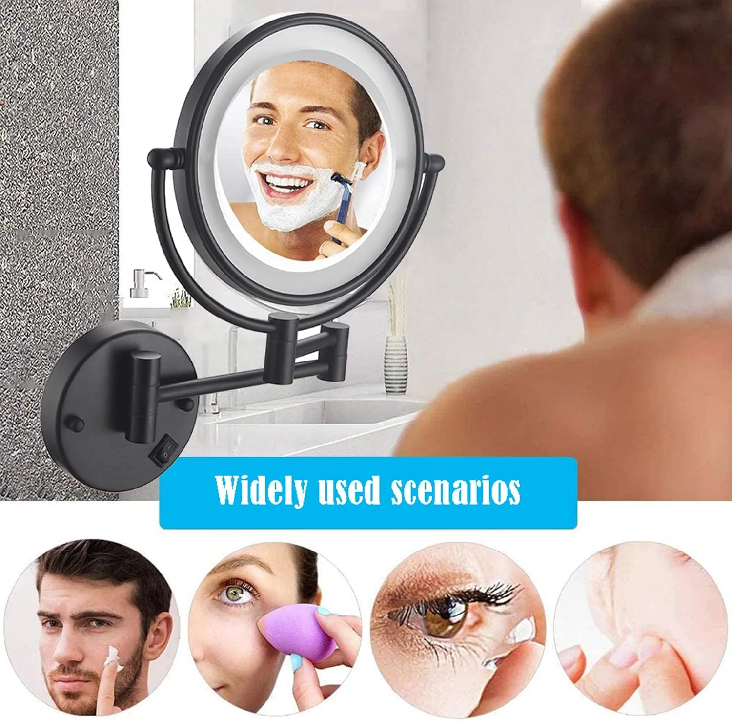 Makeup Mirror with Lights, Portable Vanity Mirror 10 X Magnification, Cosmetic Mirror Wall Mounted, 360 Degree Rotation Rechargeable, for Bathroom Hotel Spa