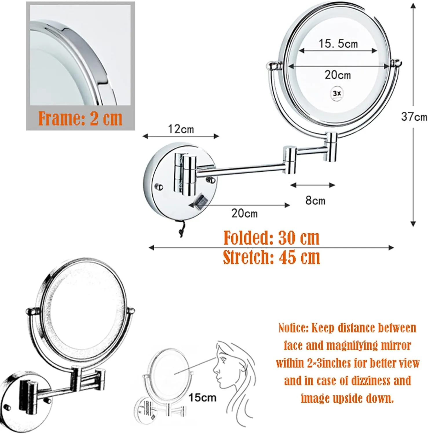 Makeup Mirror with Lights, Portable Vanity Mirror 10 X Magnification, Cosmetic Mirror Wall Mounted, 360 Degree Rotation Rechargeable, for Bathroom Hotel Spa