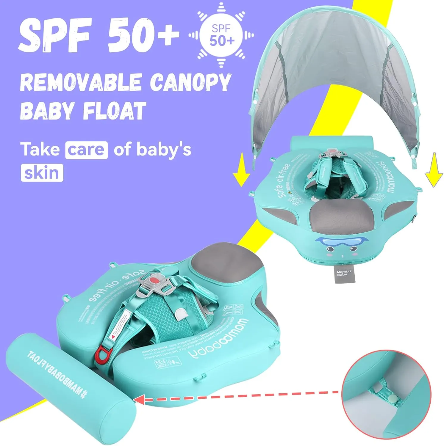 Mambobaby Baby Swim Float with Canopy Non-Inflatable Infant Pool Float with Tail 3-24 Months Avoid Flip Solid Skin-Friendly Material for Toddler Boys Girls