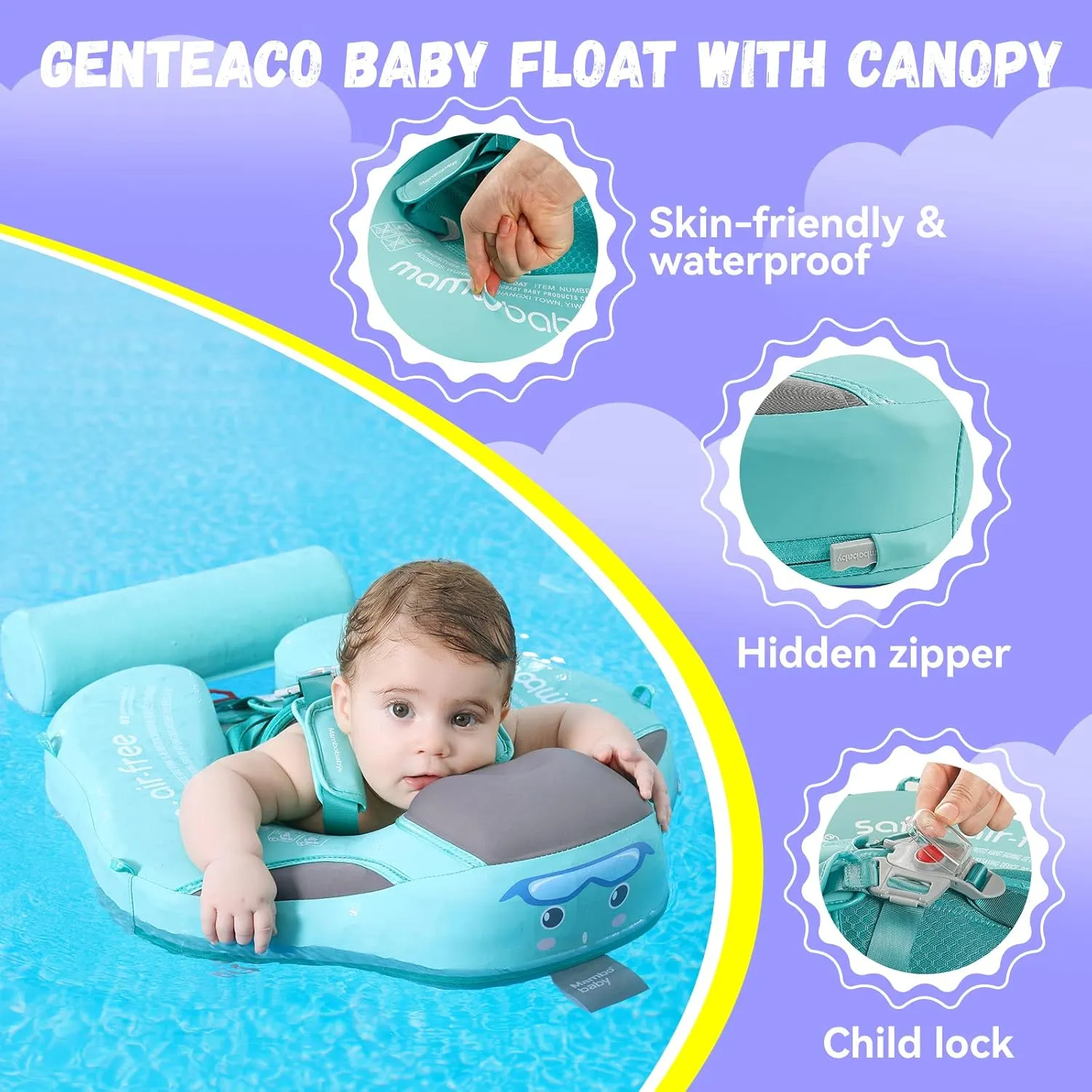 Mambobaby Baby Swim Float with Canopy Non-Inflatable Infant Pool Float with Tail 3-24 Months Avoid Flip Solid Skin-Friendly Material for Toddler Boys Girls