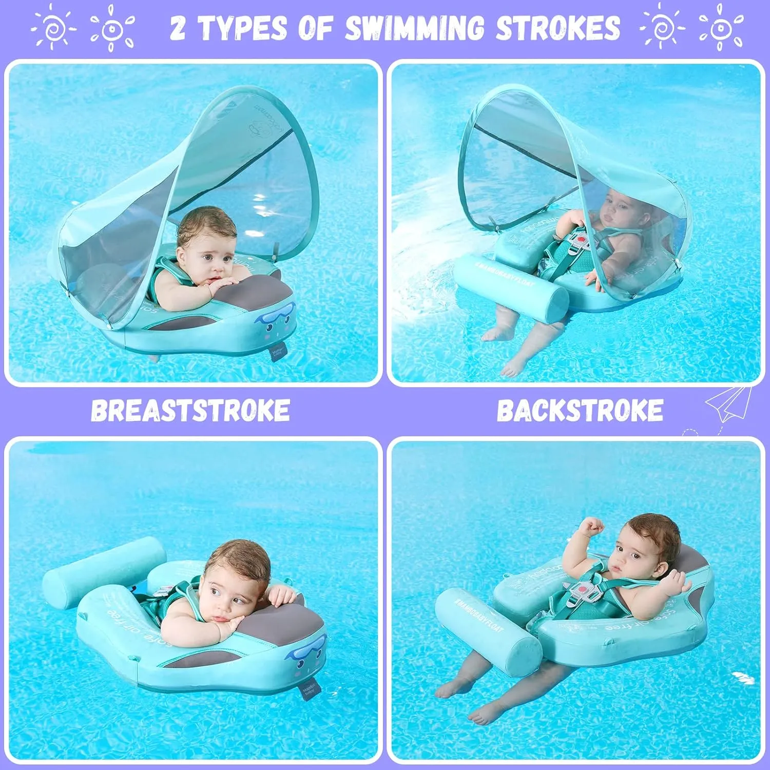 Mambobaby Baby Swim Float with Canopy Non-Inflatable Infant Pool Float with Tail 3-24 Months Avoid Flip Solid Skin-Friendly Material for Toddler Boys Girls