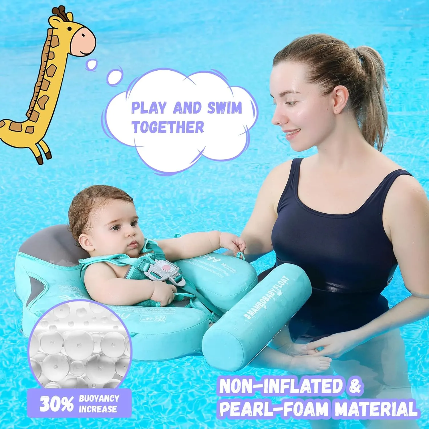Mambobaby Baby Swim Float with Canopy Non-Inflatable Infant Pool Float with Tail 3-24 Months Avoid Flip Solid Skin-Friendly Material for Toddler Boys Girls