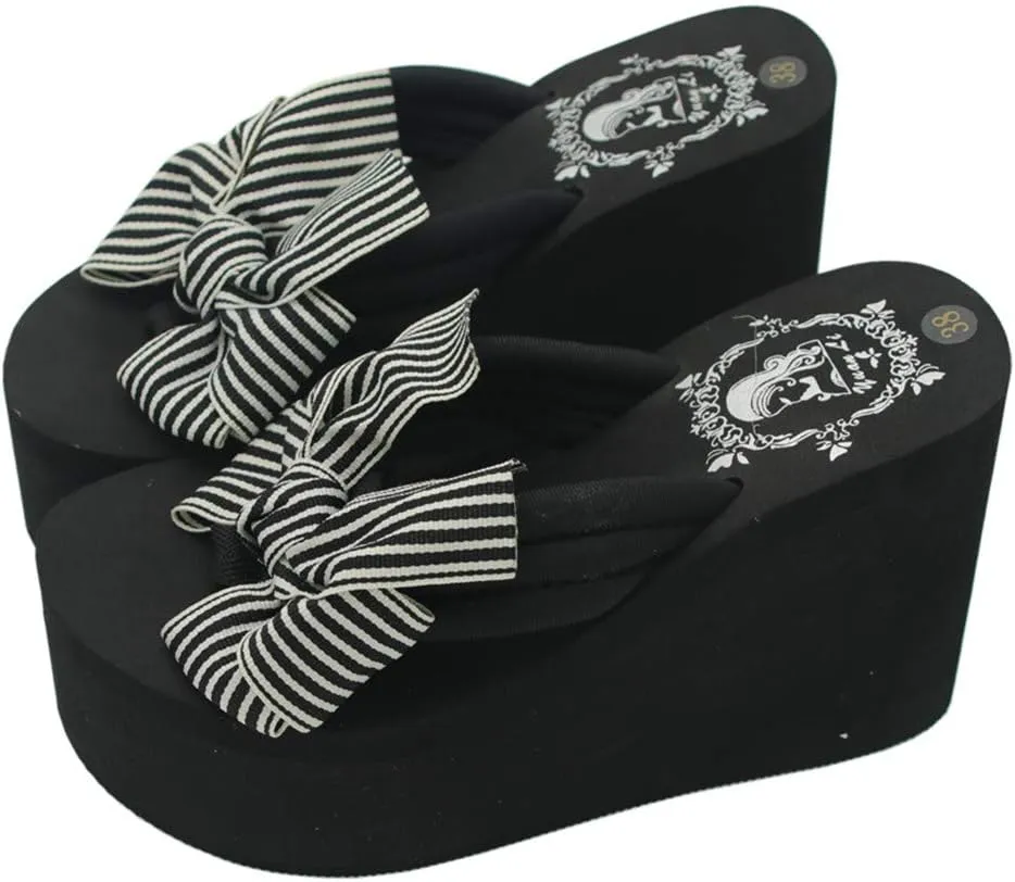 Mamilove Womens Chunky High Platform Wedge Flip-flops Sandals 9 White Stripes