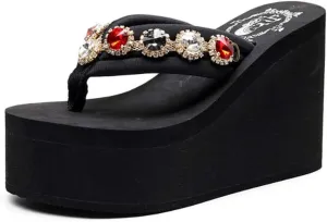 Mamilove Womens Chunky High Platform Wedge Flip-flops Sandals Size 9 Candy Diamond