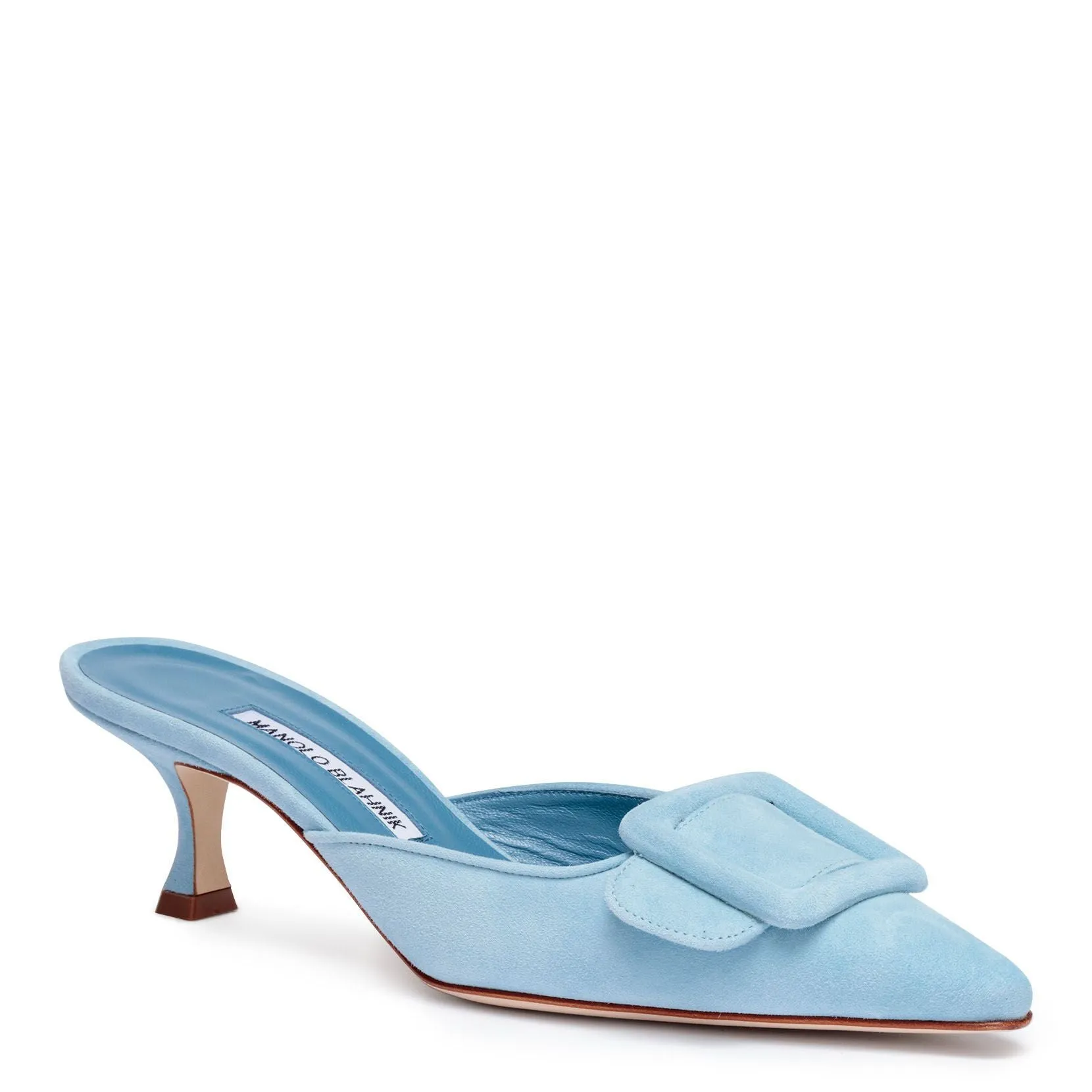 Maysale 50 light blue suede mules