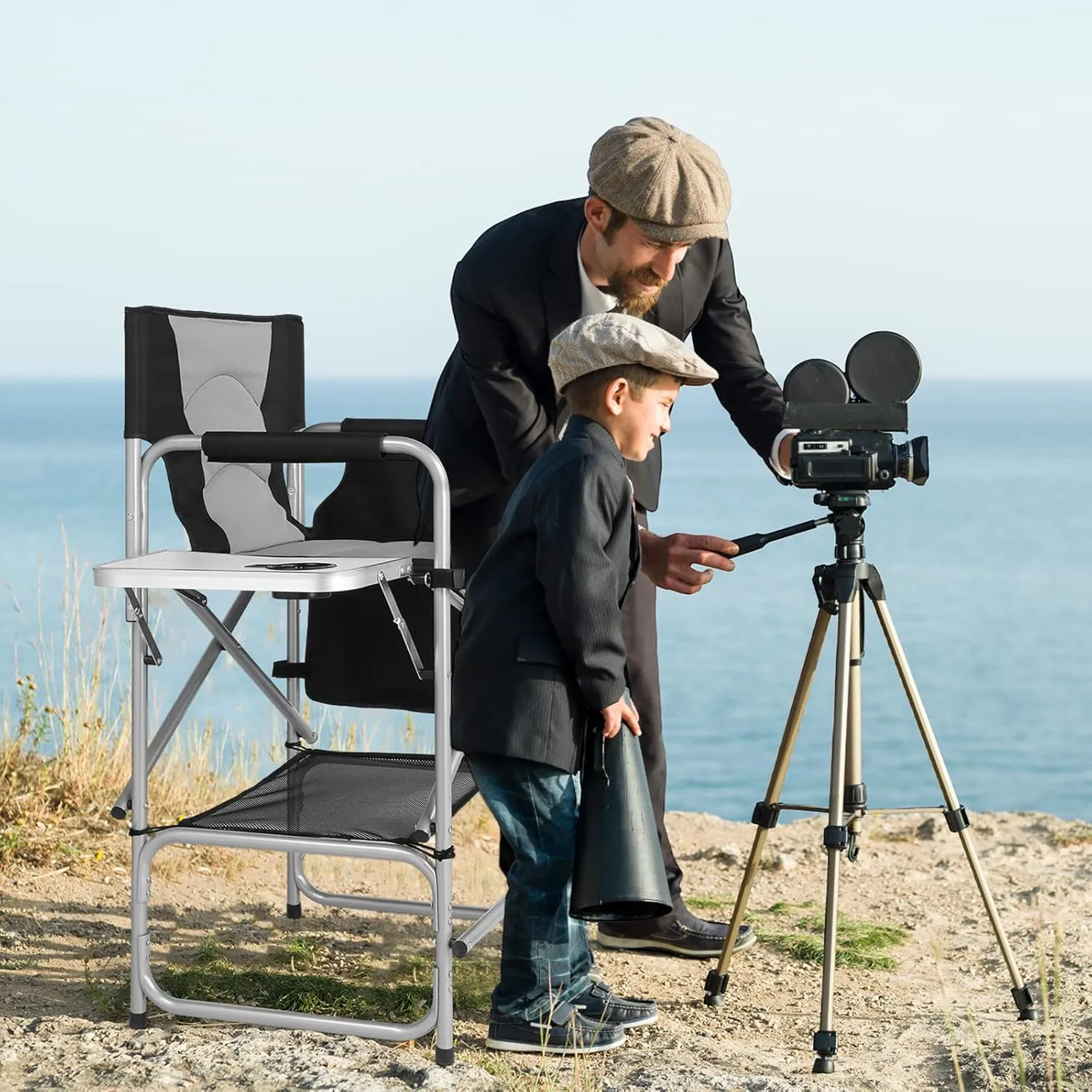 mefeir Tall Camping Chair Makeup Artist Director Chair 26" Counter Height, Portable Folding Design with Side Table, Cup Holder & Side Storage Bag, Heavy-Duty Iron Frame (300 lbs Capacity)