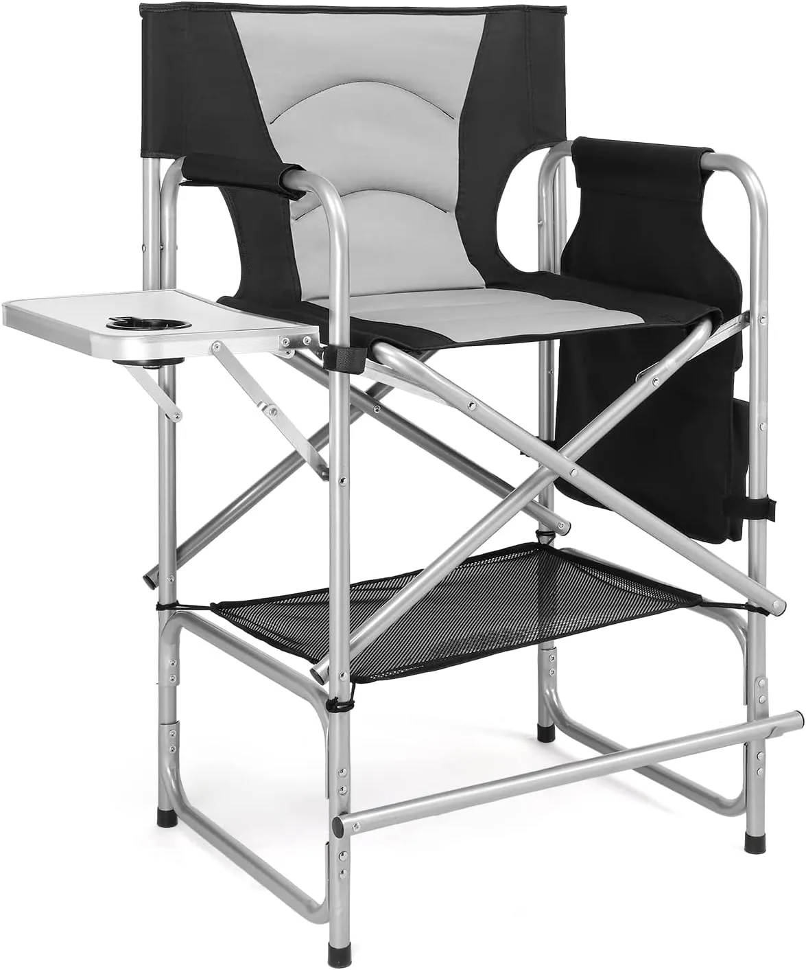 mefeir Tall Camping Chair Makeup Artist Director Chair 26" Counter Height, Portable Folding Design with Side Table, Cup Holder & Side Storage Bag, Heavy-Duty Iron Frame (300 lbs Capacity)