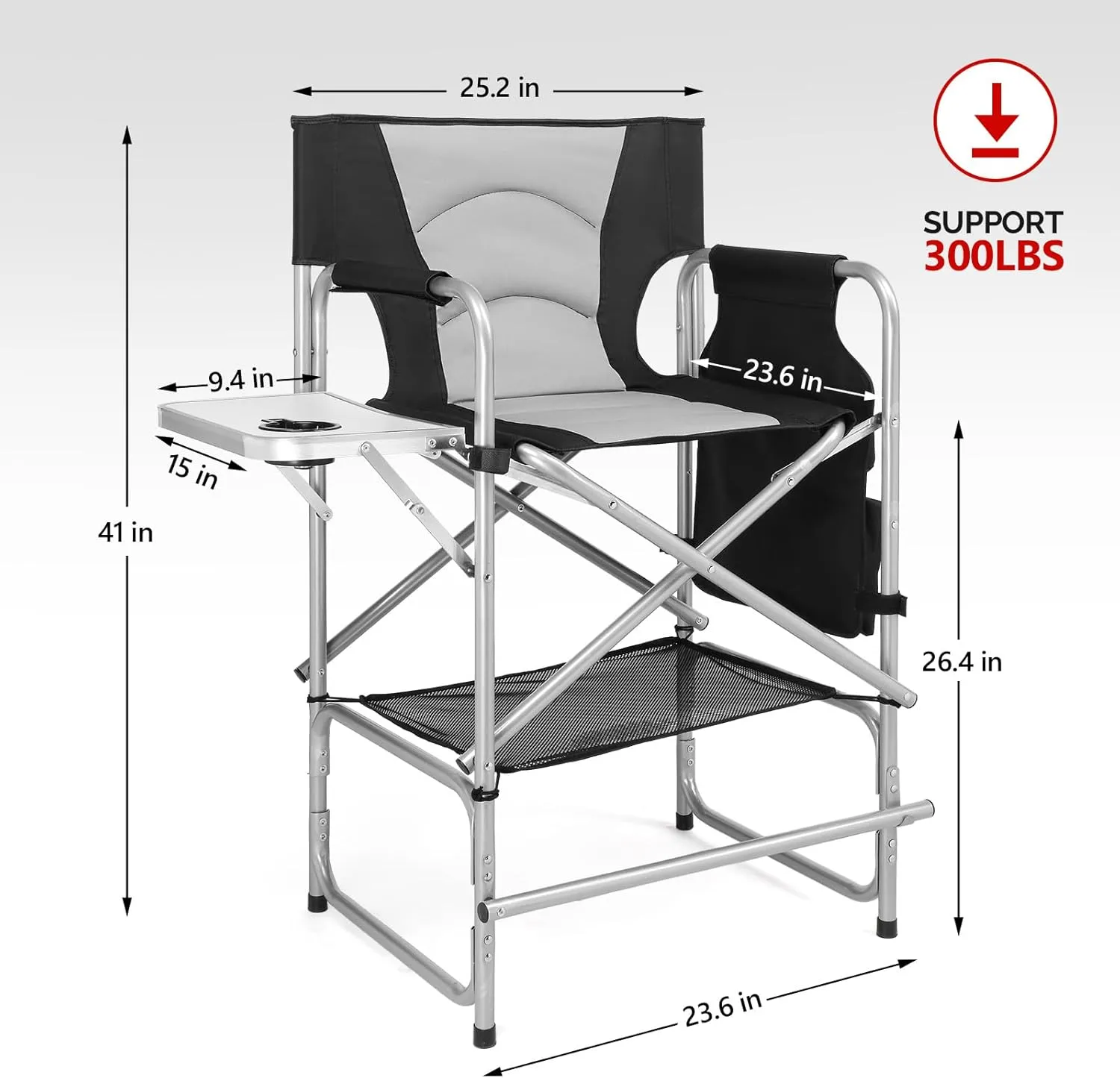 mefeir Tall Camping Chair Makeup Artist Director Chair 26" Counter Height, Portable Folding Design with Side Table, Cup Holder & Side Storage Bag, Heavy-Duty Iron Frame (300 lbs Capacity)