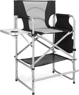 mefeir Tall Camping Chair Makeup Artist Director Chair 26" Counter Height, Portable Folding Design with Side Table, Cup Holder & Side Storage Bag, Heavy-Duty Iron Frame (300 lbs Capacity)