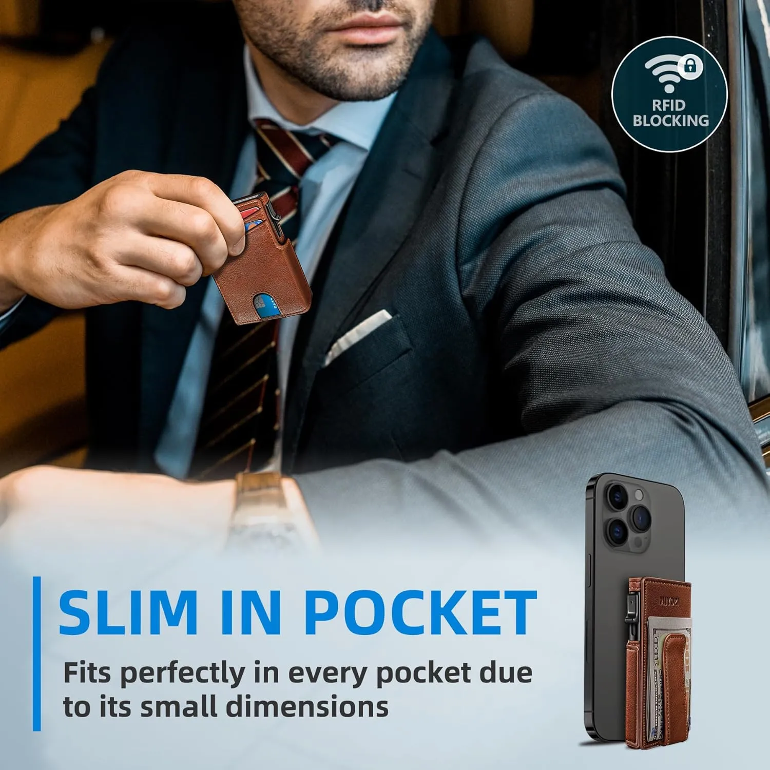 Men Wallet,with Money Clip Coins Pocket ID Window,Slim Front Pocket RFID Blocking Pop-up Card Holder 3.9"x 2.7", Gift Boxed