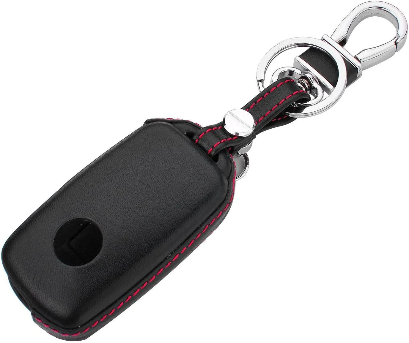 Men Women Genuine Leather Key Fob Cover For Volkswagen/For Skoda 3 Buttons Flip Car Remote Key Case Pouch with Key Ring Kit Keychain Holder Hook - Black