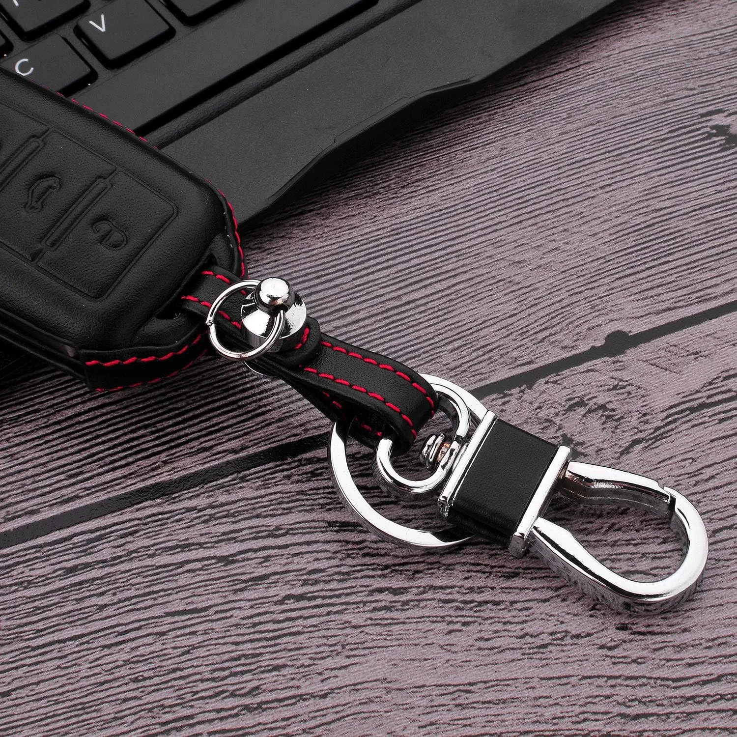 Men Women Genuine Leather Key Fob Cover For Volkswagen/For Skoda 3 Buttons Flip Car Remote Key Case Pouch with Key Ring Kit Keychain Holder Hook - Black