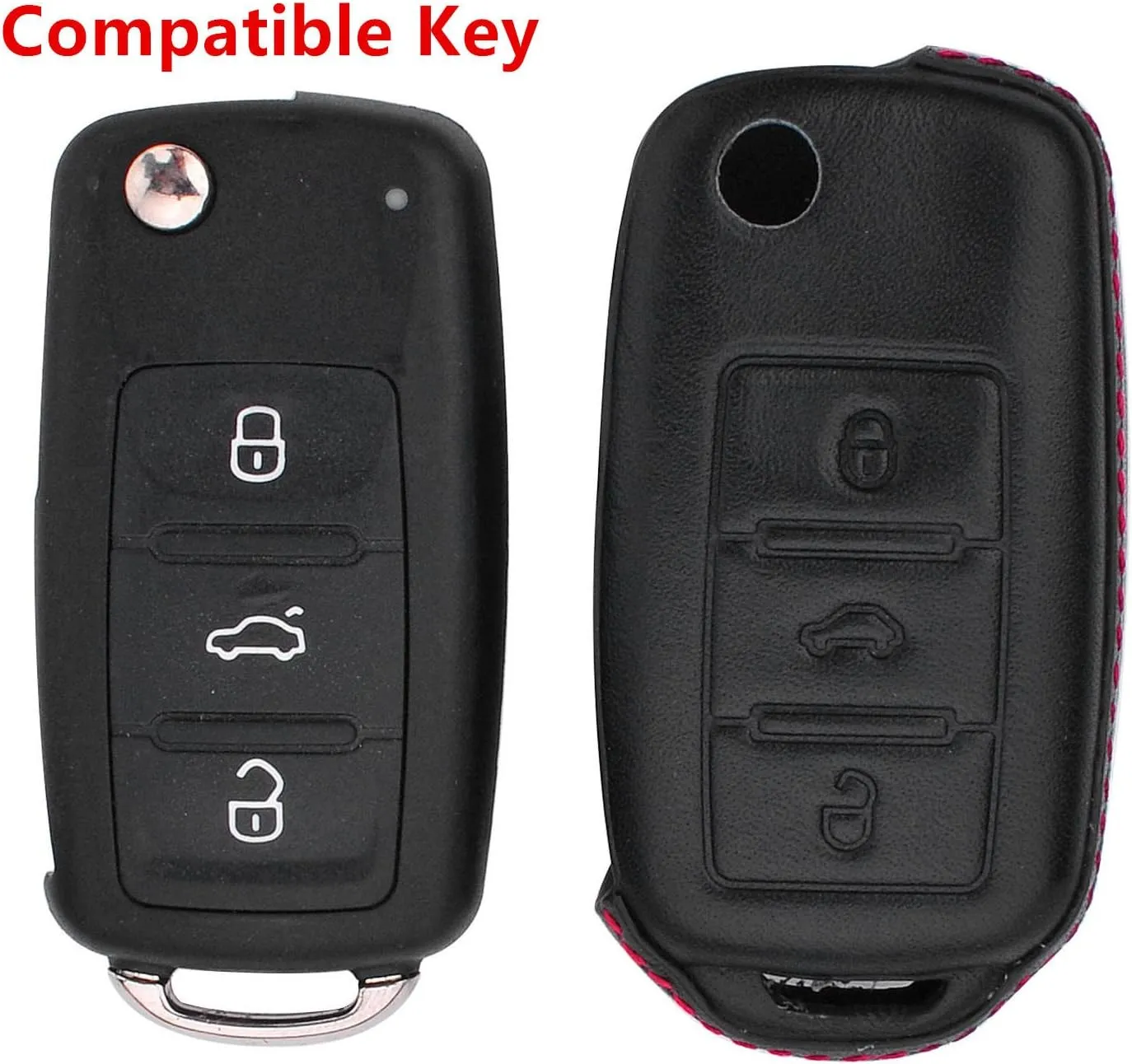 Men Women Genuine Leather Key Fob Cover For Volkswagen/For Skoda 3 Buttons Flip Car Remote Key Case Pouch with Key Ring Kit Keychain Holder Hook - Black