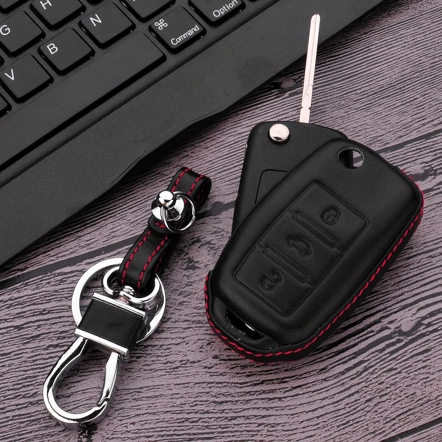 Men Women Genuine Leather Key Fob Cover For Volkswagen/For Skoda 3 Buttons Flip Car Remote Key Case Pouch with Key Ring Kit Keychain Holder Hook - Black