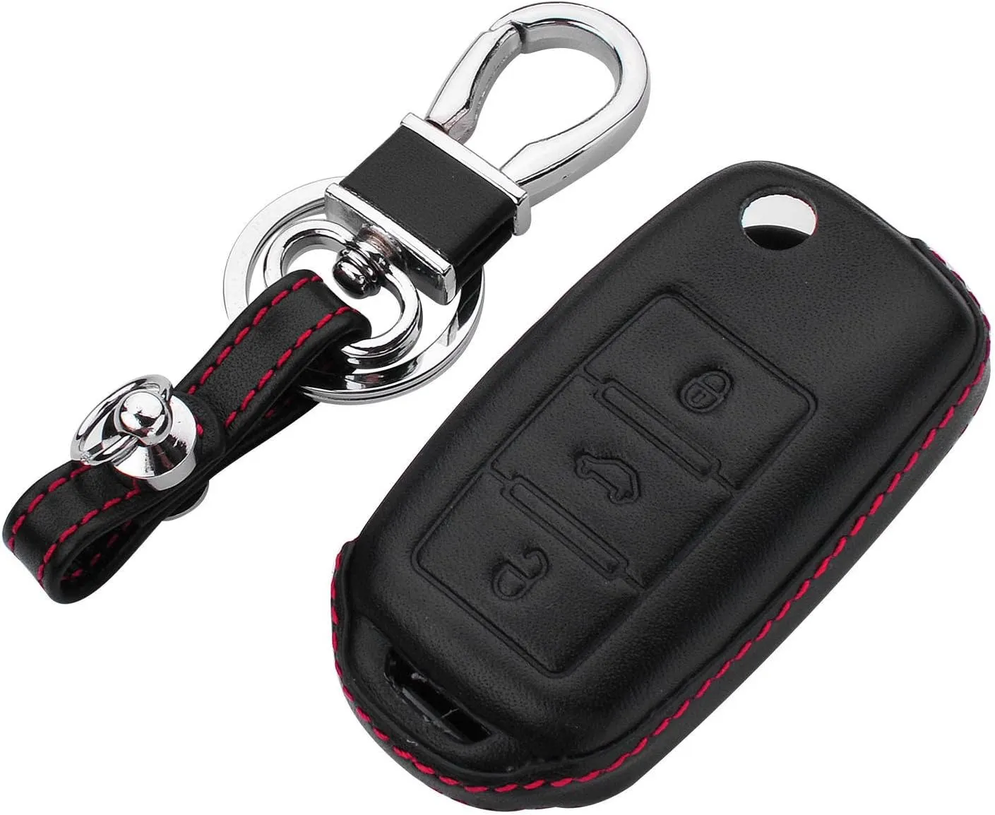 Men Women Genuine Leather Key Fob Cover For Volkswagen/For Skoda 3 Buttons Flip Car Remote Key Case Pouch with Key Ring Kit Keychain Holder Hook - Black