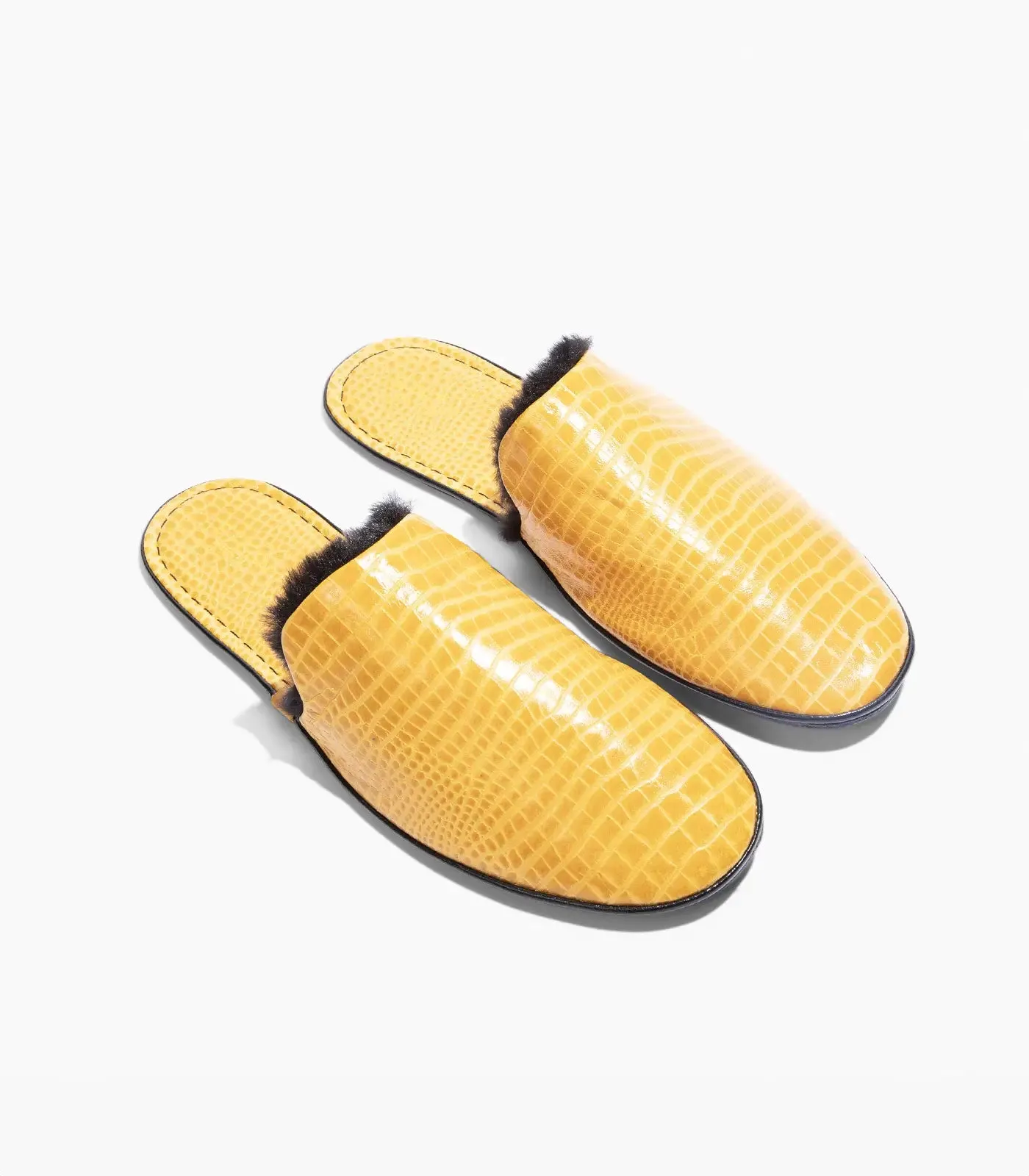 Men’s Crocodile Embossed Leather Foldable Slippers with Eco-Fur