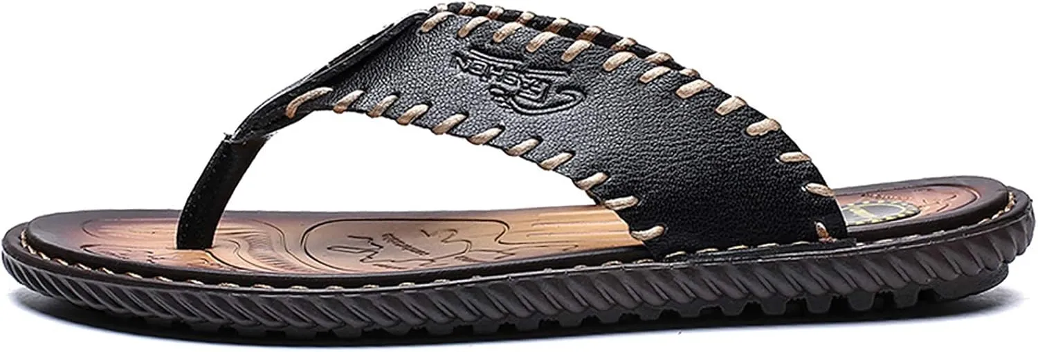 Mens Flip Flops Casual Leather Home Sandals for Mens Rubber Sole Slippers