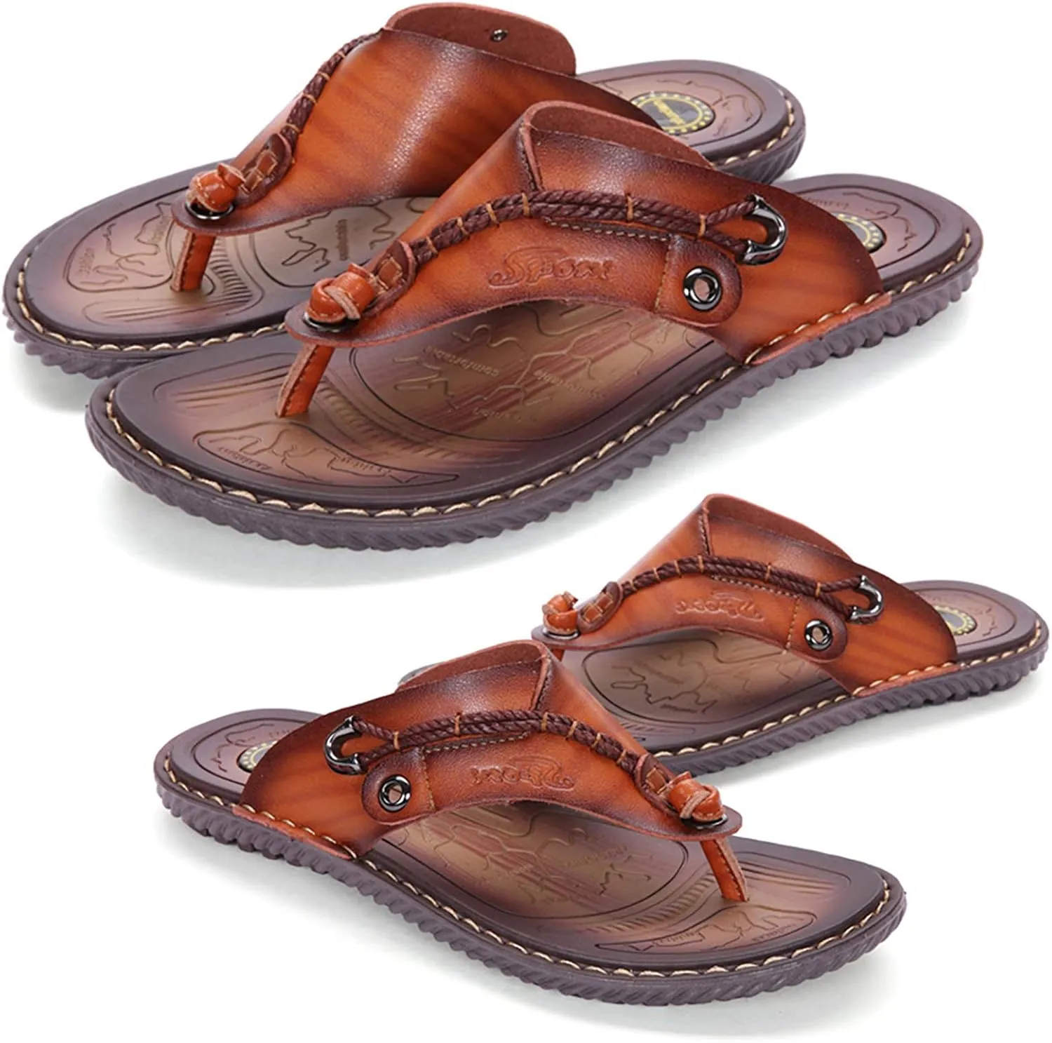 Mens Flip Flops Casual Leather Home Sandals for Mens Rubber Sole Slippers