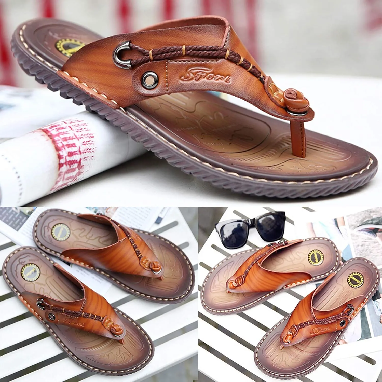 Mens Flip Flops Casual Leather Home Sandals for Mens Rubber Sole Slippers