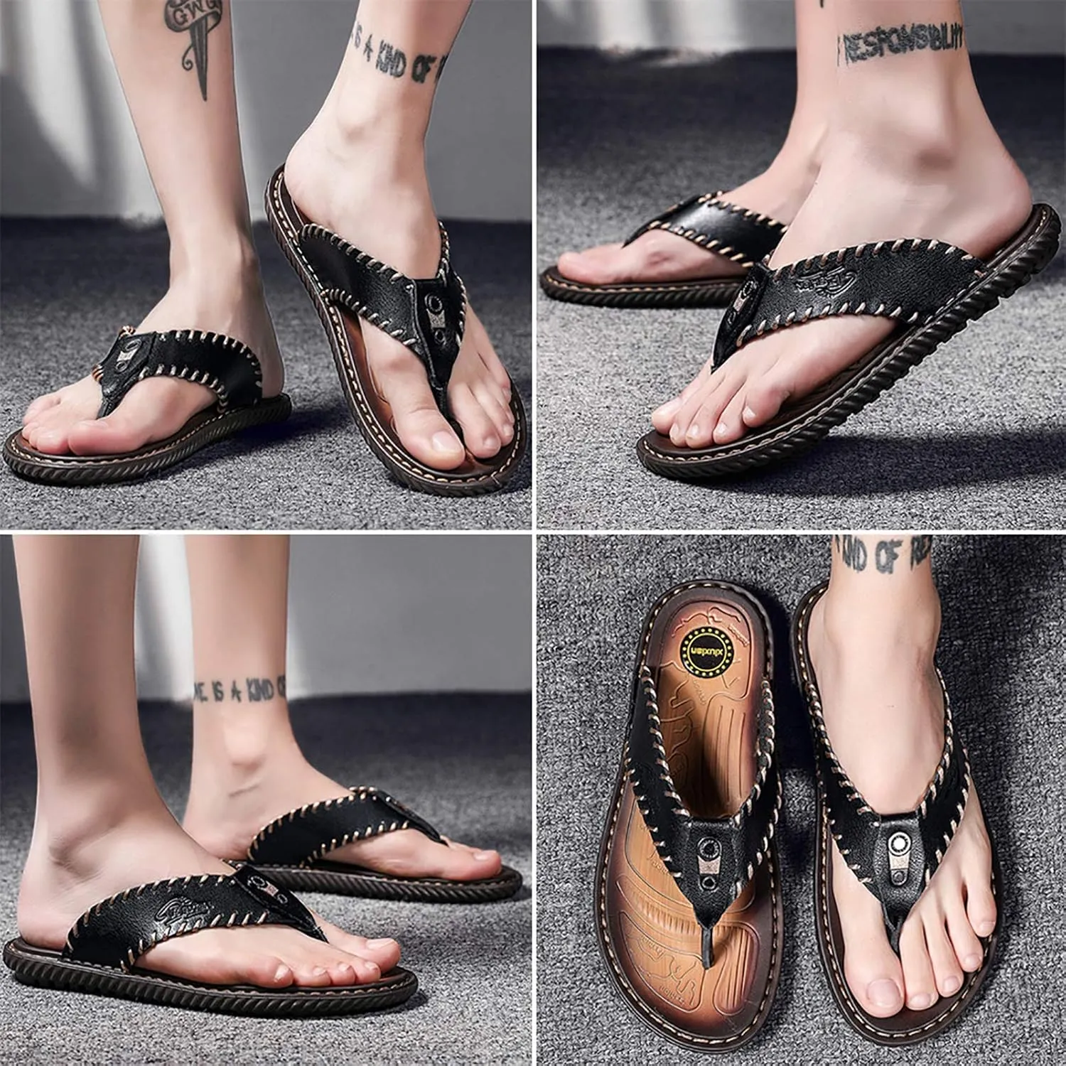 Mens Flip Flops Casual Leather Home Sandals for Mens Rubber Sole Slippers