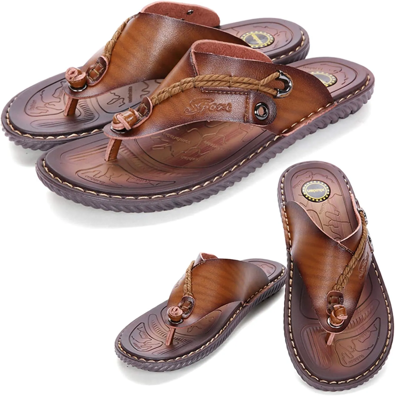 Mens Flip Flops Casual Leather Home Sandals for Mens Rubber Sole Slippers