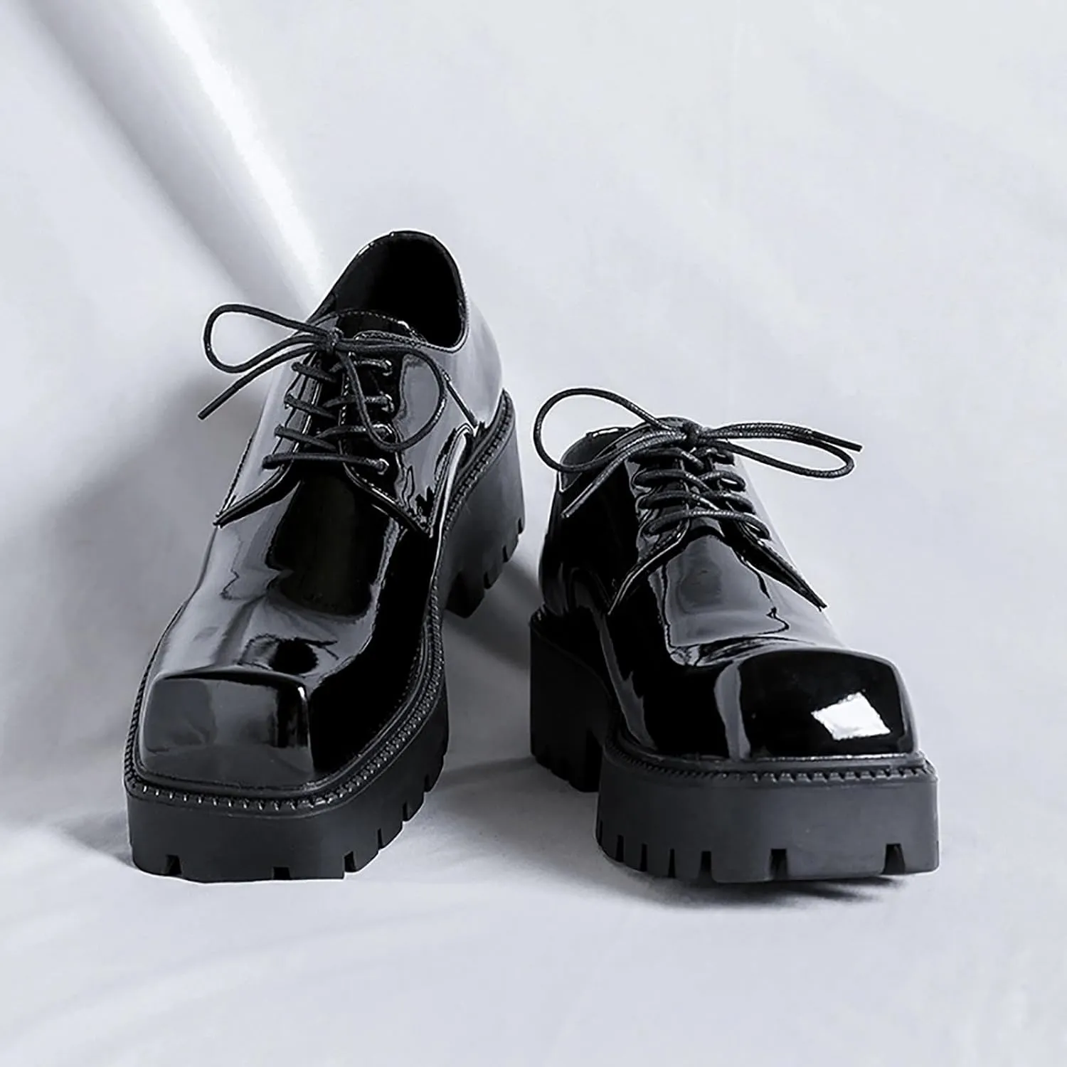 Men's Patent Leather Dress Shoes Classic Square Toe Lace up Platform Oxfords for Business Office Work