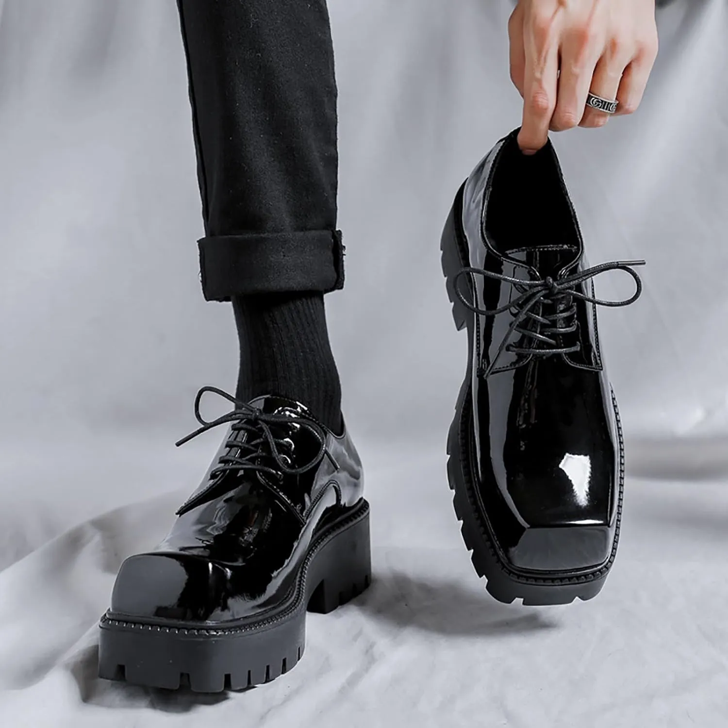 Men's Patent Leather Dress Shoes Classic Square Toe Lace up Platform Oxfords for Business Office Work