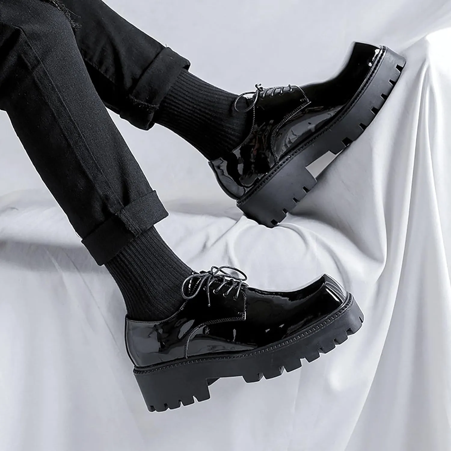 Men's Patent Leather Dress Shoes Classic Square Toe Lace up Platform Oxfords for Business Office Work