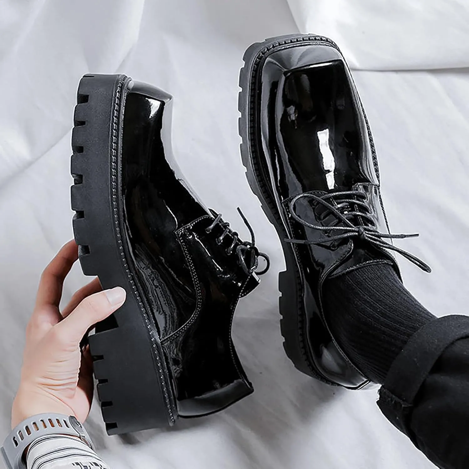 Men's Patent Leather Dress Shoes Classic Square Toe Lace up Platform Oxfords for Business Office Work