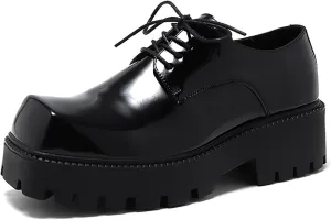Men's Patent Leather Dress Shoes Classic Square Toe Lace up Platform Oxfords for Business Office Work