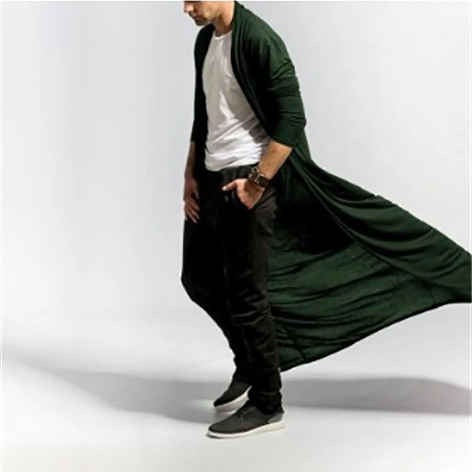 Men's Ruffle Shawl Collar Cardigan Long Length Trench Coat Lightweight Open Front Drape Cape Overcoat Big&Tall