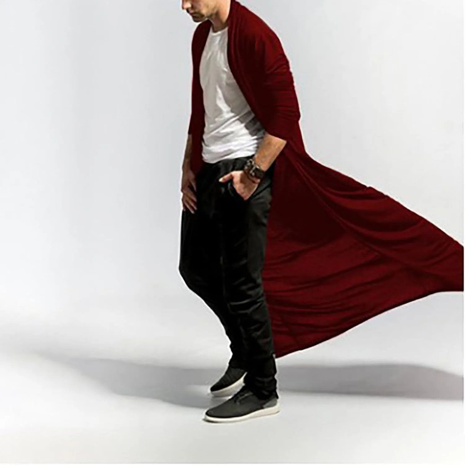 Men's Ruffle Shawl Collar Cardigan Long Length Trench Coat Lightweight Open Front Drape Cape Overcoat Big&Tall