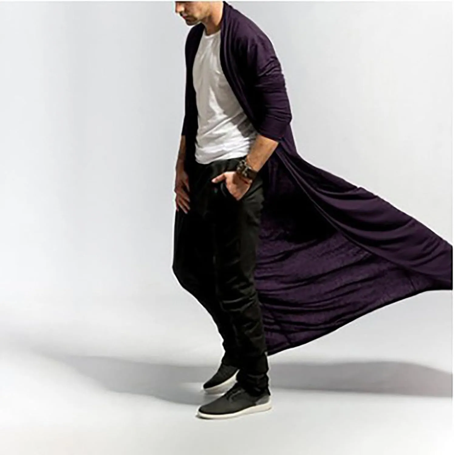 Men's Ruffle Shawl Collar Cardigan Long Length Trench Coat Lightweight Open Front Drape Cape Overcoat Big&Tall