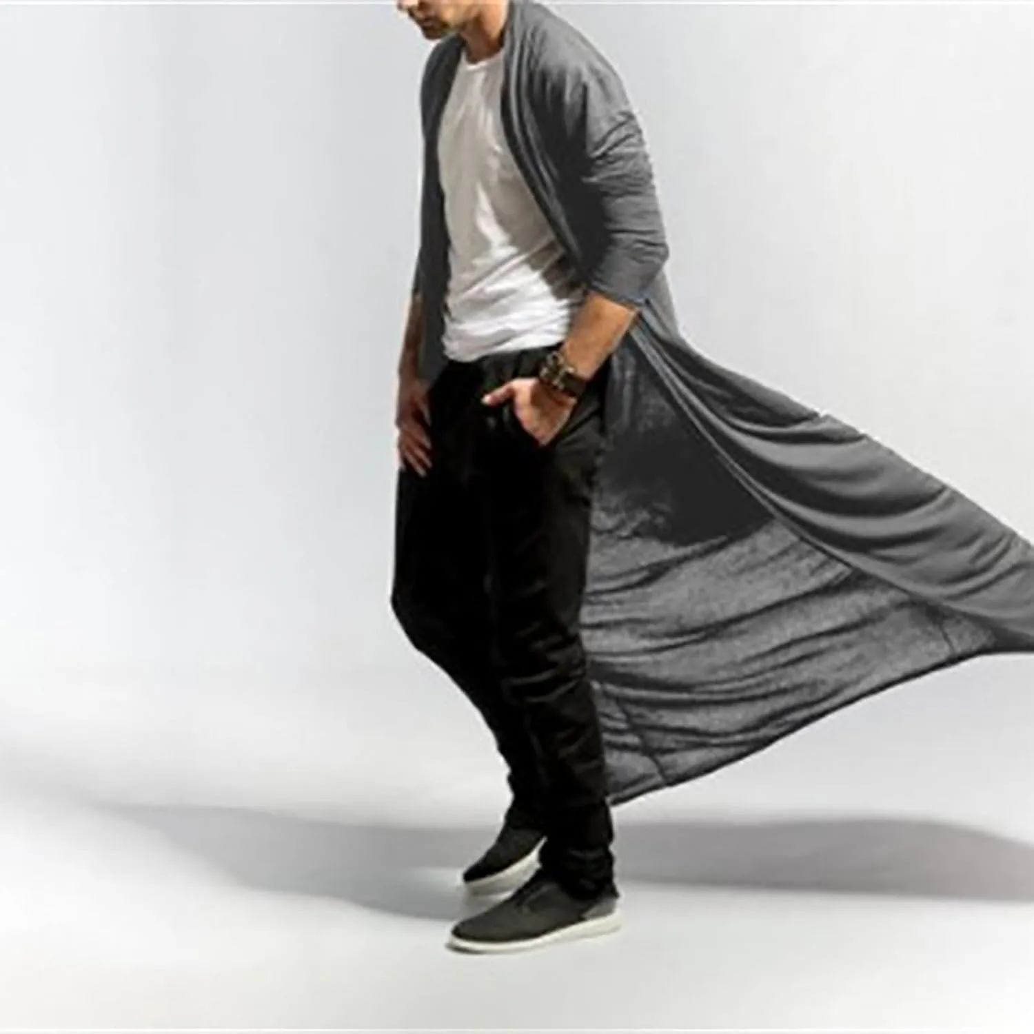 Men's Ruffle Shawl Collar Cardigan Long Length Trench Coat Lightweight Open Front Drape Cape Overcoat Big&Tall