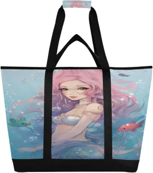 Mermaid Reusable Insulated Lunchbox Cooler Bag, Leakproof Kitchen Grocery Bag Collapsible Portable Cooler Tote Bag for Picnic, Camping, Office, Travel