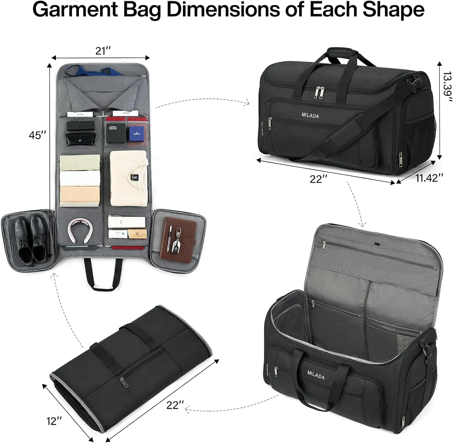 MILADA Garment Bag for Travel Suit Bag Travel Large Duffel Bag 2 in 1 Hanging Carry on Luggage Bag Foldable Travel Bag with Shoe Pouch for Men Women,Black