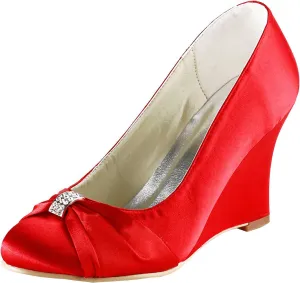Minishion MZ597 Womens Round Toe High Heel Wedge Rhinestion Bridal Wedding Party Evening Satin Pump Shoes