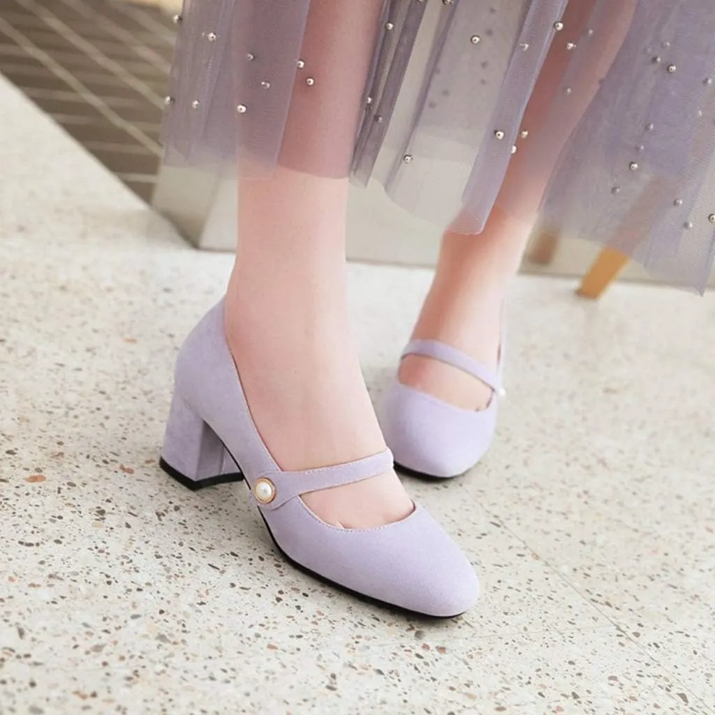 MIOKE Women's Square Toe Mary Jane Pumps Pearl Strap Suede Slip On Chunky Mid Heel Casual Dress Office Shoes