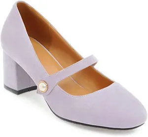 MIOKE Women's Square Toe Mary Jane Pumps Pearl Strap Suede Slip On Chunky Mid Heel Casual Dress Office Shoes