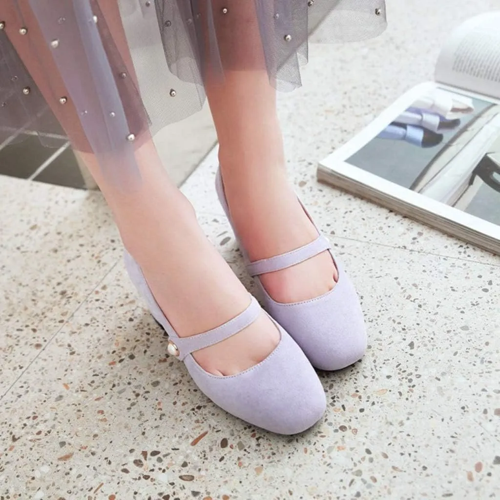 MIOKE Women's Square Toe Mary Jane Pumps Pearl Strap Suede Slip On Chunky Mid Heel Casual Dress Office Shoes