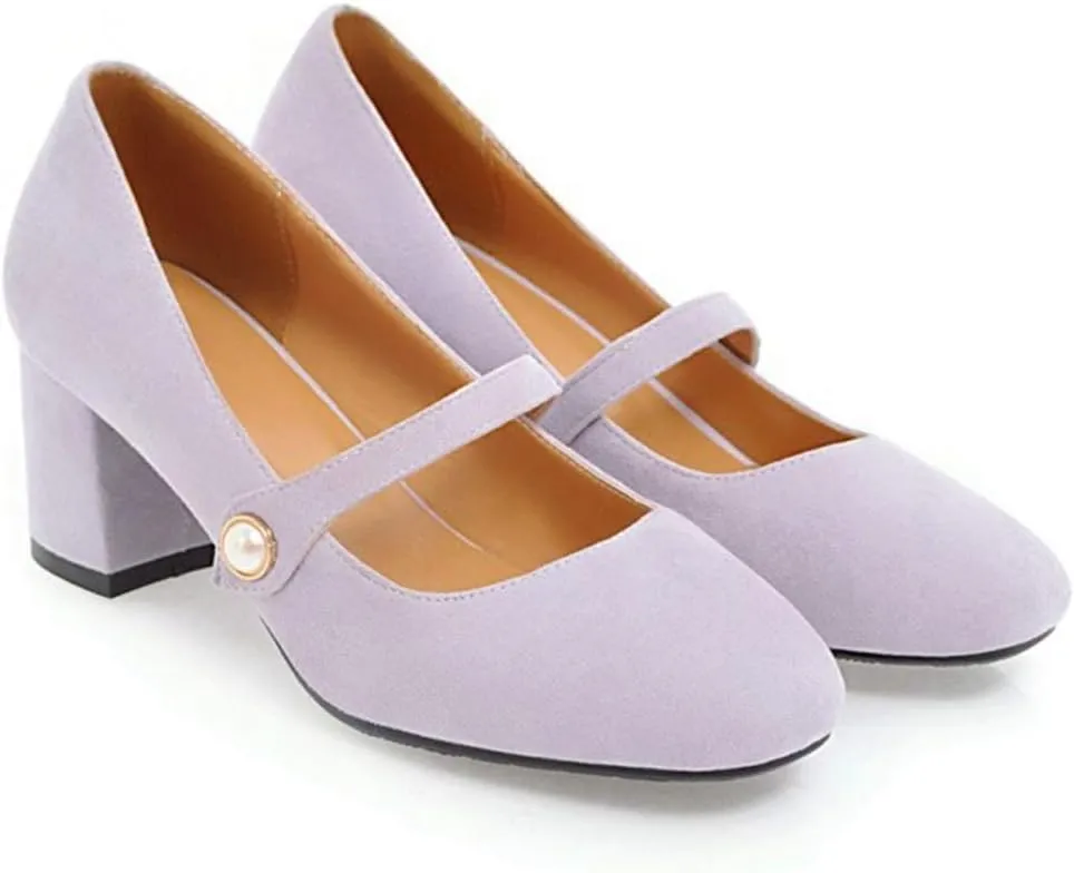 MIOKE Women's Square Toe Mary Jane Pumps Pearl Strap Suede Slip On Chunky Mid Heel Casual Dress Office Shoes