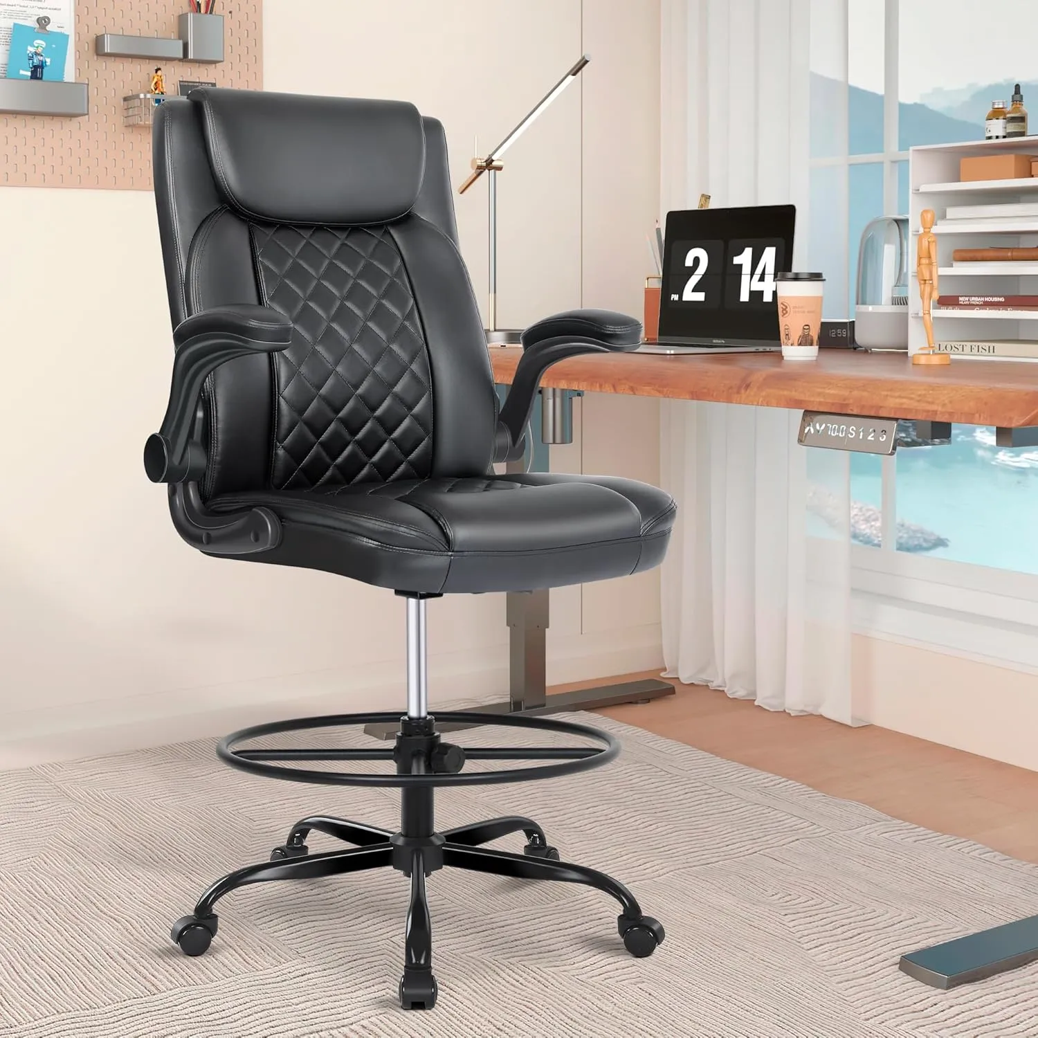 Misolant Drafting Chair, Tall Office Chair for Standing Desk, Standing Chair with Adjustable Height and Flip-up Armrest, Leather Drafting Chair, High Office Chair for Counter Height Desk