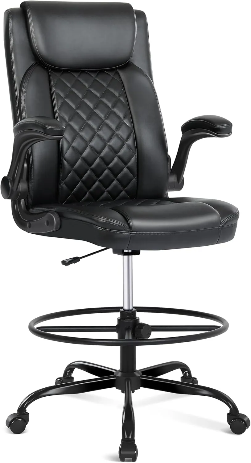 Misolant Drafting Chair, Tall Office Chair for Standing Desk, Standing Chair with Adjustable Height and Flip-up Armrest, Leather Drafting Chair, High Office Chair for Counter Height Desk