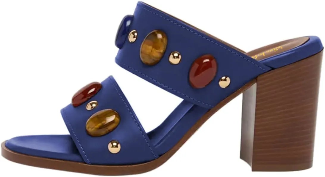 miss left Women Jewelled Two Wide Straps Open Toe Mules Stacked Chunky High Heel Slip on Summer Party Club Slide Sandals Size 4-16 US