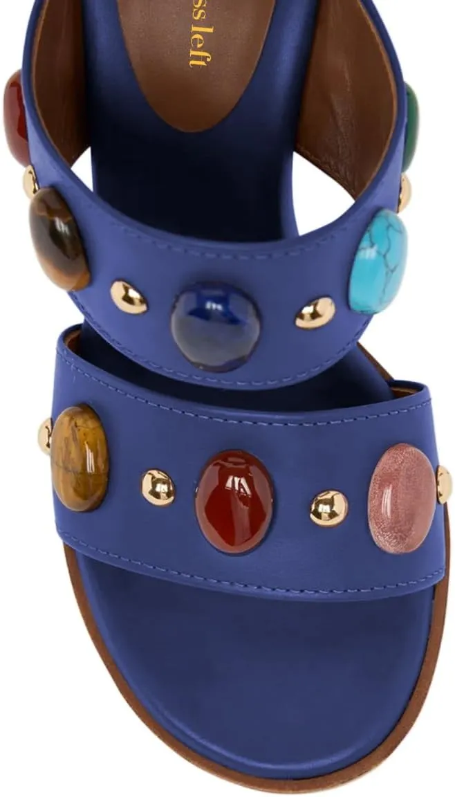miss left Women Jewelled Two Wide Straps Open Toe Mules Stacked Chunky High Heel Slip on Summer Party Club Slide Sandals Size 4-16 US