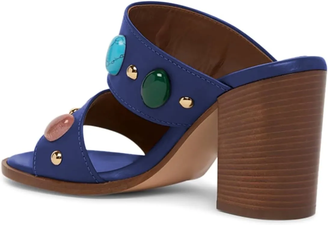 miss left Women Jewelled Two Wide Straps Open Toe Mules Stacked Chunky High Heel Slip on Summer Party Club Slide Sandals Size 4-16 US