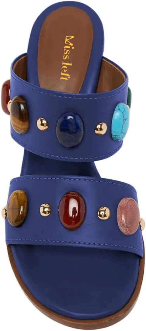 miss left Women Jewelled Two Wide Straps Open Toe Mules Stacked Chunky High Heel Slip on Summer Party Club Slide Sandals Size 4-16 US