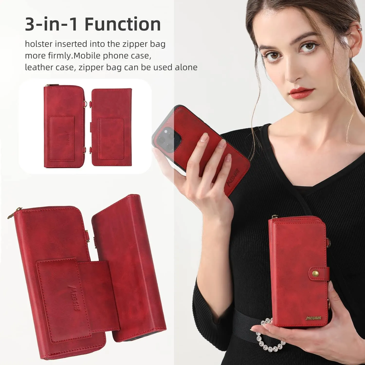 Misscase Galaxy S22 Ultra Wallet Case,Galaxy S22 Ultra Case with Card Holder,Case Wallet Magnetic Detachable 2 in 1 Leather Flip Wallet with 13 Card Slots,Kickstand,Zipper Wallet Red