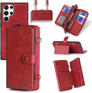Misscase Galaxy S22 Ultra Wallet Case,Galaxy S22 Ultra Case with Card Holder,Case Wallet Magnetic Detachable 2 in 1 Leather Flip Wallet with 13 Card Slots,Kickstand,Zipper Wallet Red
