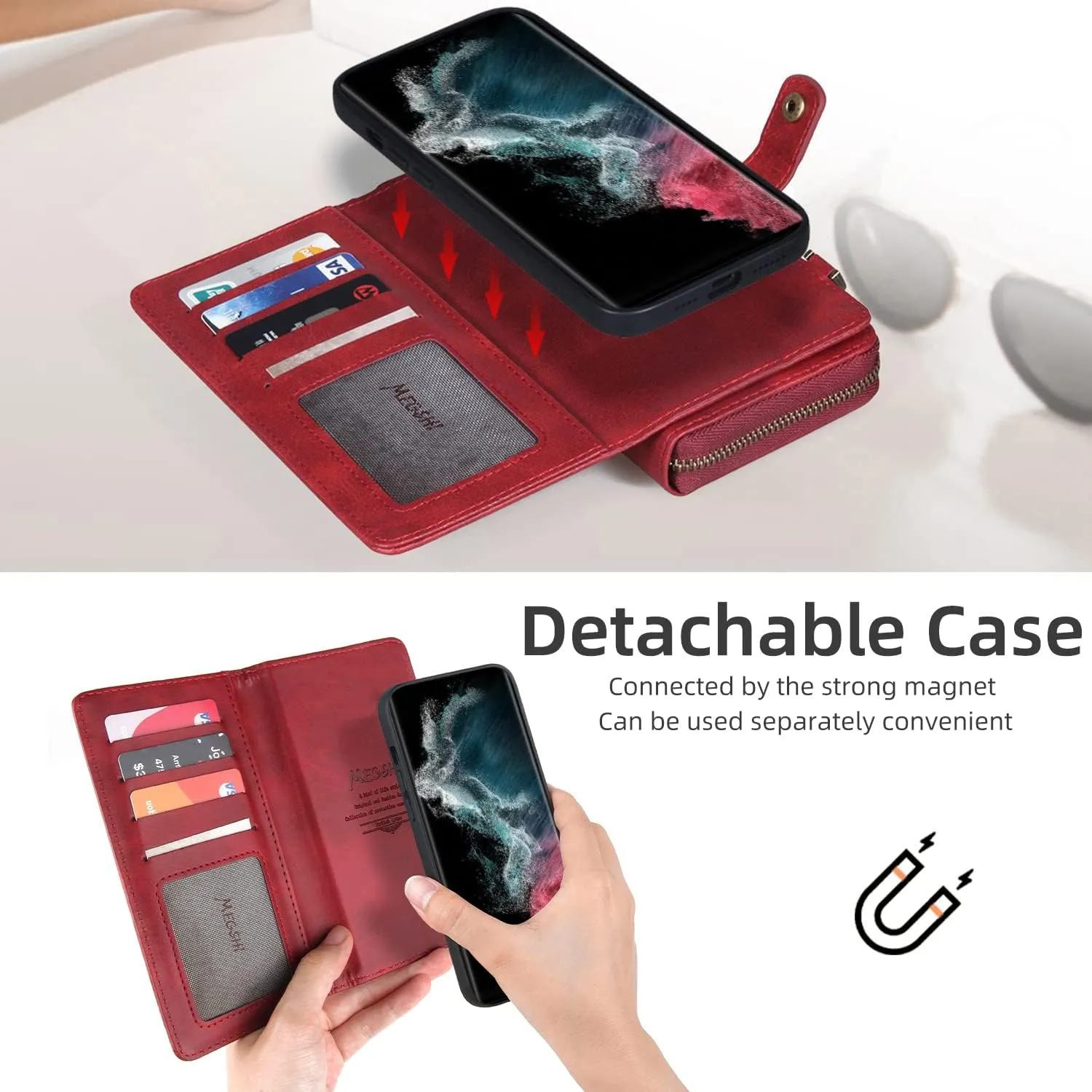 Misscase Galaxy S22 Ultra Wallet Case,Galaxy S22 Ultra Case with Card Holder,Case Wallet Magnetic Detachable 2 in 1 Leather Flip Wallet with 13 Card Slots,Kickstand,Zipper Wallet Red